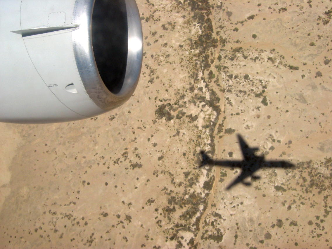 Shadow of DC-8 taken during 200 foot run over Edwards