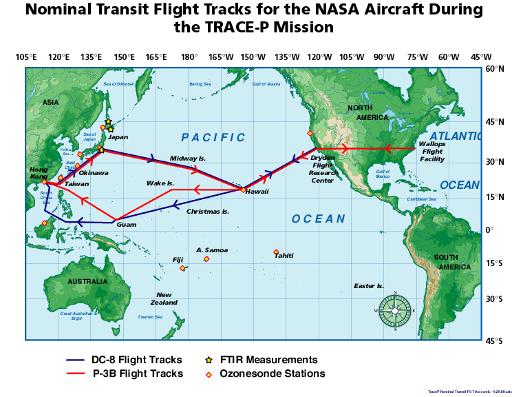 TRACE-P Flight Track Map